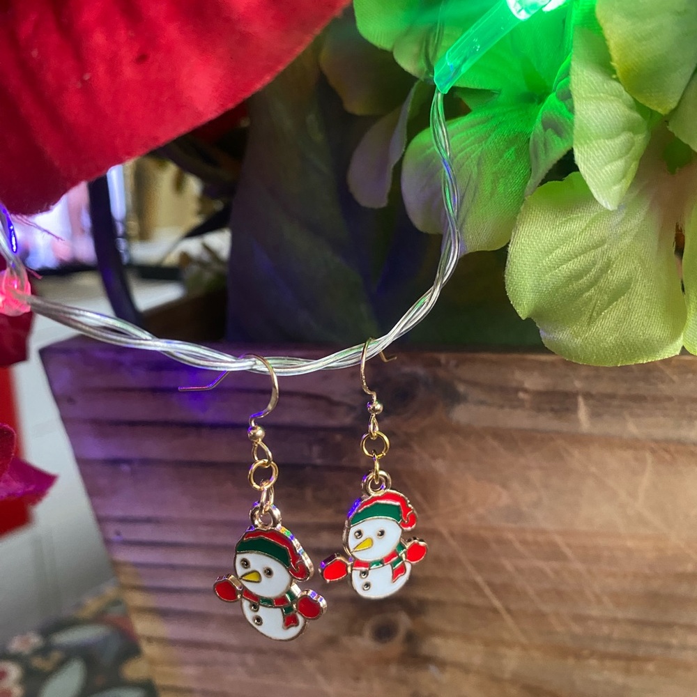 Festive Snowman Earrings white gold red green